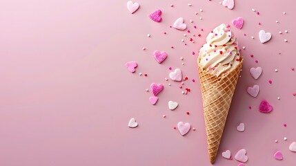 Creative sweet concept. Ice cream cone with pink and white hearts on a pink background. Valentine's Day. Flat lay, top view, copy space