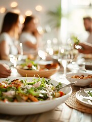 Poster - Educators eating dinner with family at home, focus on facial expressions, relaxed atmosphere, natural light, home environment, Editorial Photography style