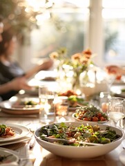 Poster - Educators eating dinner with family at home, beautifully styled table, vibrant colors, editorial layout, cozy home setting, Magazine Photography style