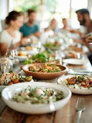 Educators eating dinner with family at home, focus on facial expressions, relaxed atmosphere, natural light, home environment, Editorial Photography style