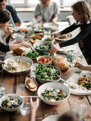 Poster - Educators eating dinner with family at home, beautifully styled table, vibrant colors, editorial layout, cozy home setting, Magazine Photography style