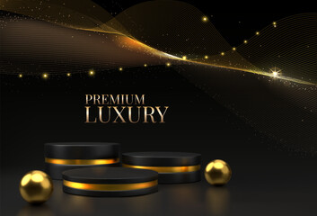Poster - Gold podium. Golden stage, black product display, dark platform in light shine waves, presentation scene or stage. Luxury product promotion. Banner backdrop. Minimalistic vector background