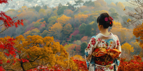 Wall Mural - Graceful Lady in Traditional Kimono Bows Among Red Maple Leaves for Japanese Autumn Travel Promotion