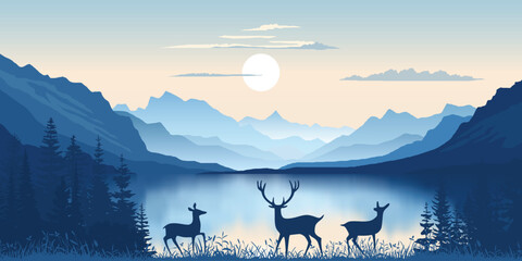 Wall Mural - Mountain lake at dawn, deer, morning light and sun, scenic reflection, vector illustration