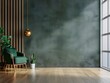 © Monirknn - Bright and cozy modern living room interior with green armchair and decoration room on empty dark green wall background
