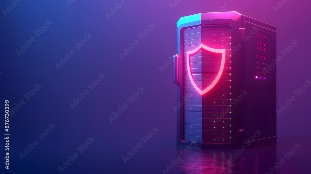 Cybersecurity concept with a server rack and glowing shield icon on a ...