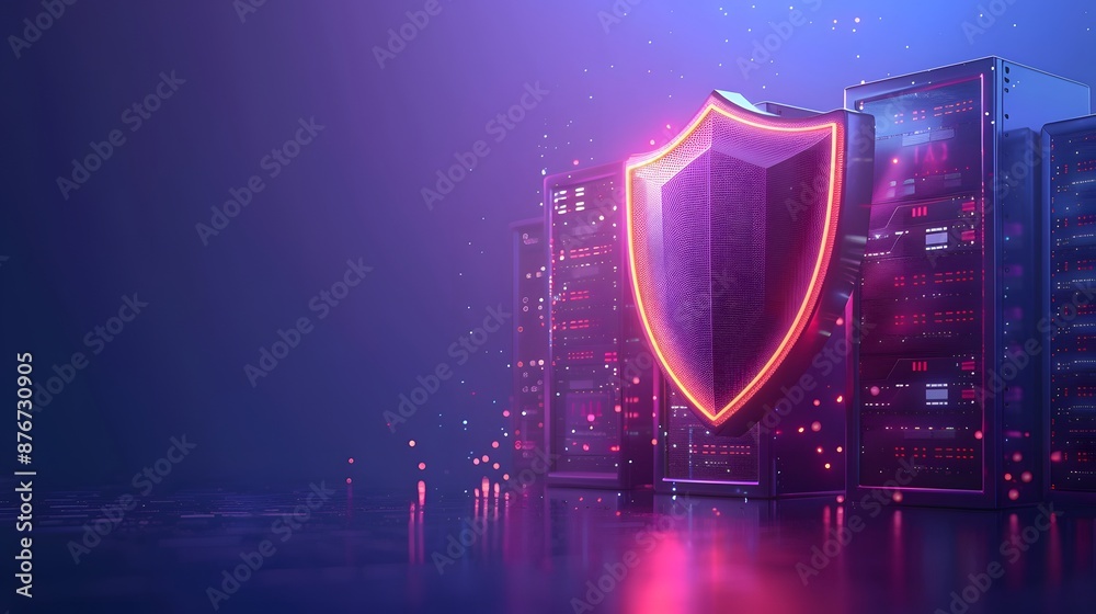 Digital security concept with a glowing shield and server racks ...