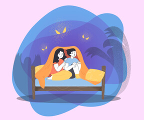 Wall Mural - Scared cartoon children hiding under blanket on bed. Boy and girl afraid of dark or ghosts flat vector illustration. Childhood, nightmare, fear concept for banner, website design or landing web page