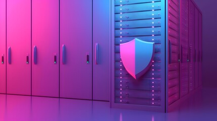 Poster - modern data center with secure server racks protected by a shield, illuminated by vibrant pink and b