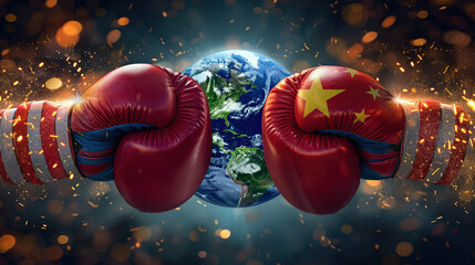 The earth is in the center of two boxing gloves with American and Chinese flags