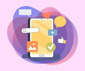 Poster - mobile phone or tablet with social media icons. speech bubbles, search box, play button, image, chec