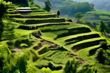 Wall Mural - Lush green hillsides are transformed into a mesmerizing tapestry of terrace farms, each level meticulously carved into the landscape. 