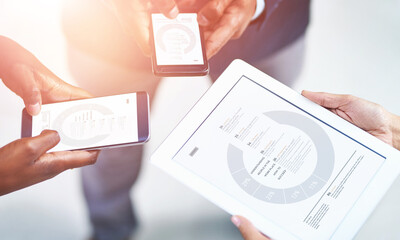 Aufkleber - Tablet, phone and hands of business people with information for human resources data of survey. Cellphone, digital technology and hr executives with screen of statistics for company growth in office.