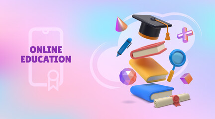 Poster - 3D book banner. Isometric realistic space for online training course. Graduation hat. Internet education. Knowledge searching with magnifier. Flying render textbooks. Vector background