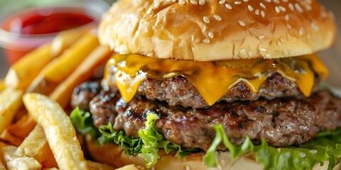 Wall Mural - Macro shot of a burger with meat, cheese, and veggies accompanied by fries. Concept Burger Photography, Food Styling, Delicious Composition, Macro Details, Appetizing Presentation