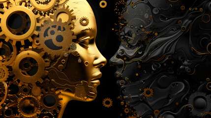 Golden Mechanical Face with Gears Opposing Dark Face Illustration