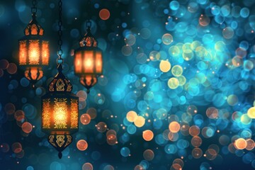 An illustration of glowing arabic lanterns with a sparkling blue bokeh background, Ramadan celebration