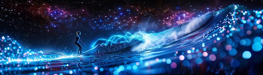 Poster - Abstract digital art with flowing blue and purple lights creating an ethereal and futuristic landscape in a night sky setting.
