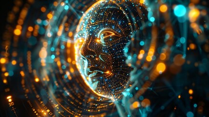 Poster - Abstract digital human face with vibrant, glowing colors, representing advanced AI and futuristic technology concepts.