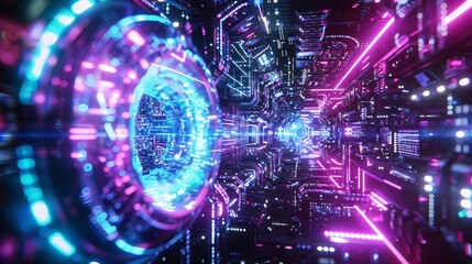 Poster - Futuristic digital tunnel with neon lights, showcasing advanced technology and vibrant cyberpunk aesthetics, perfect for tech-themed projects.