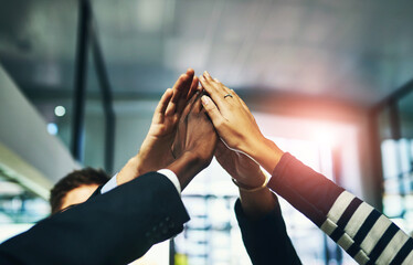 Poster - Hands up, together and diversity in office with teamwork for business, inclusion or commitment for job. Group, people and fingers in huddle with collaboration for team building, staff with solidarity
