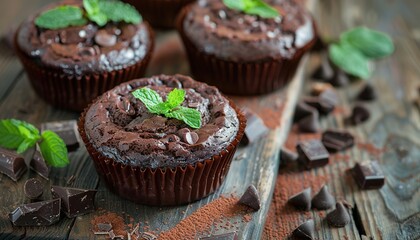 Wall Mural - Chocolate cupcakes with mint on wooden table