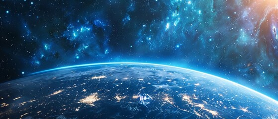 Wall Mural - background of earth from space with a blue sky and stars.