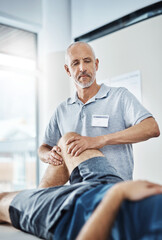 Sticker - Men, knee pain and physiotherapist consulting or working, rehabilitation with exercise for wellness. Male people, office and chiropractic for physiotherapy service with health insurance or stretch