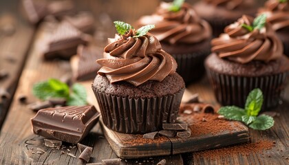 Wall Mural - Chocolate cupcakes with mint on wooden table