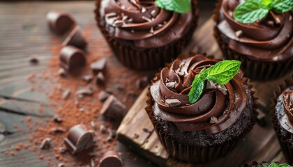 Wall Mural - Chocolate cupcakes with mint on wooden table