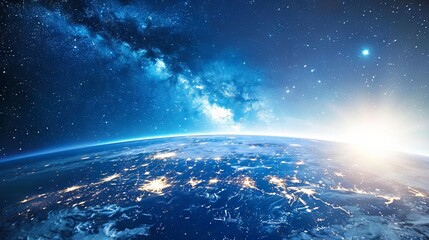 Wall Mural - background of earth from space with a blue sky and stars.