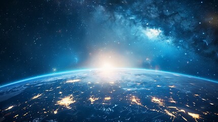 Wall Mural - background of earth from space with a blue sky and stars.
