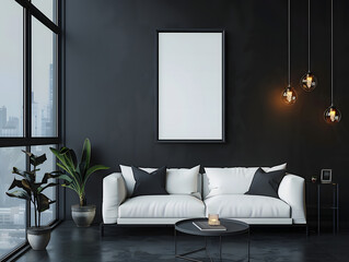 Modern living room with grey walls and white furniture. A white poster mockup hangs on the wall