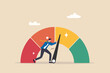 © Nuthawut - Push skill level, credit score or increase performance, improvement or effort to be better, excellent customer feedback review, gauge scale rating concept, businessman pushing skill performance gauge.