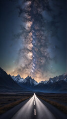 Long mountain road with Milky way at night 