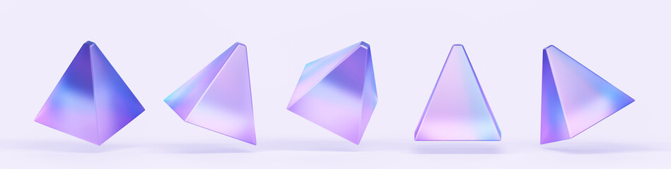 Poster - Hologram pyramid geometric shape in different angle 3d render icon set. Abstract translucent triangle figure of glass or plastic with iridescent neon hologram gradient, design element. 3D illustration