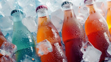 Colorful soda bottles chilled in ice cubes, refreshing and perfect for summer, showcasing variety and cool drinks for hot weather.