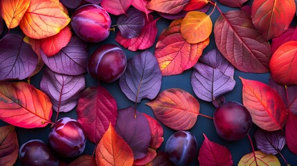 Wall Mural - Autumn composition. plum, colorful leaves. Autumn, fall concept. Flat lay, top view, copy space