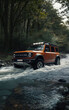 © image multimedia - Off road vehicle driving in forest auto adventure concept automotive automotive river generative ai