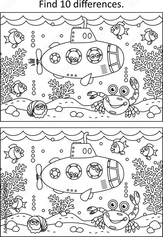 Life Issue Images Vector Underwater life with submarine, fish, crab, algae find difference game ...