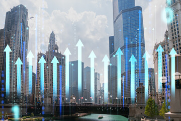 Sticker - Chicago cityscape with futuristic holographic arrows and binary code, representing technology and business growth concept on a bright day. Double exposure