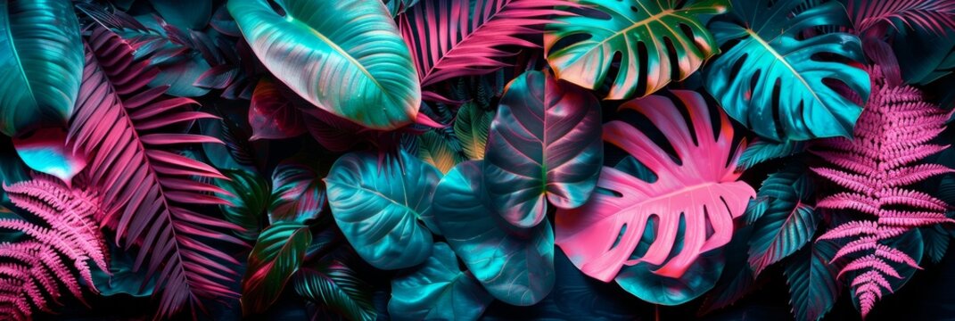Creative fluorescent color layout made of tropical leaves. Flat lay neon colors. Nature concept.
