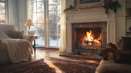 A cozy living room with a fireplace showcasing autumn decor