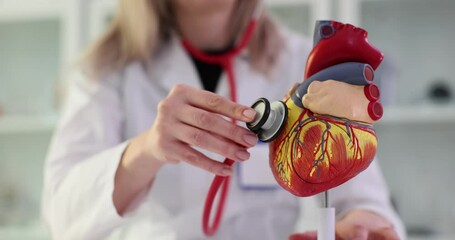 Wall Mural - Doctor examines heart model with stethoscope in clinic