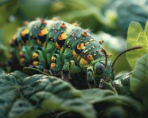 Wall Mural - A green caterpillar with yellow and red spots on its back is crawling on a leaf. AI.