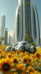 Poster - A futuristic city with a field of sunflowers in the foreground. AI.