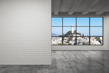 Wall Mural - Downtown San Francisco City Skyline Buildings from High Rise Window. Beautiful Expensive Real Estate overlooking. Empty room Interior. Mockup wall. Skyscrapers Cityscape. Day. California. 3d rendering