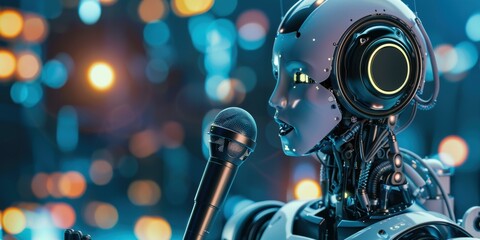 A robot with glowing eyes and a metallic face is holding a microphone. AI.