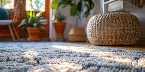 Sticker - Close-up of a white and blue textured rug on a wooden floor in a living room. AI.