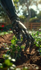 Canvas Print - A robot hand is planting a small plant in the soil. AI.